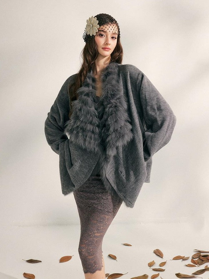 YZZI HE Apricot Yellow Fox Fur Collar Mid Length Loose Women&
