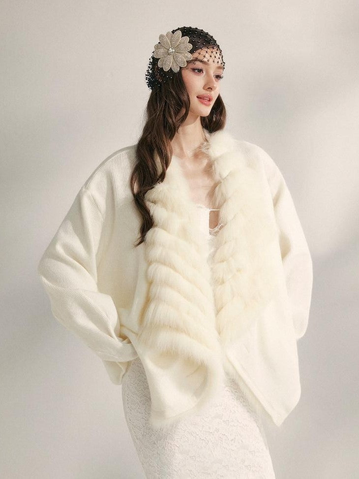 YZZI HE Apricot Yellow Fox Fur Collar Mid Length Loose Women&
