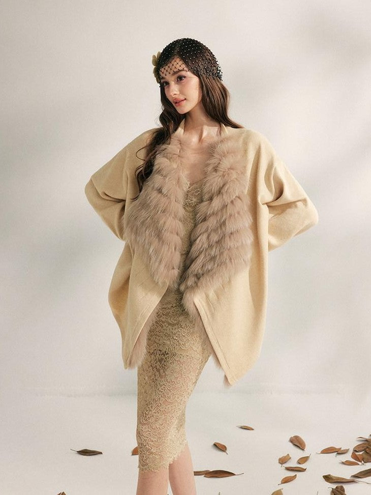 YZZI HE Apricot Yellow Fox Fur Collar Mid Length Loose Women&