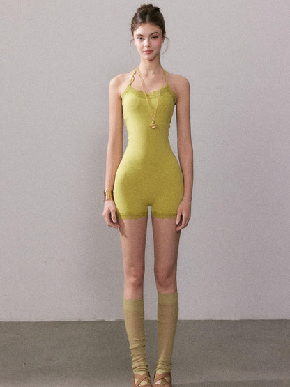 YZZI HE Avocado Solid Lace Strappy One Piece Women&