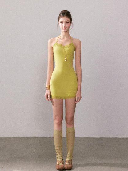 YZZI HE Avocado Solid Lace Strappy One Piece Women&