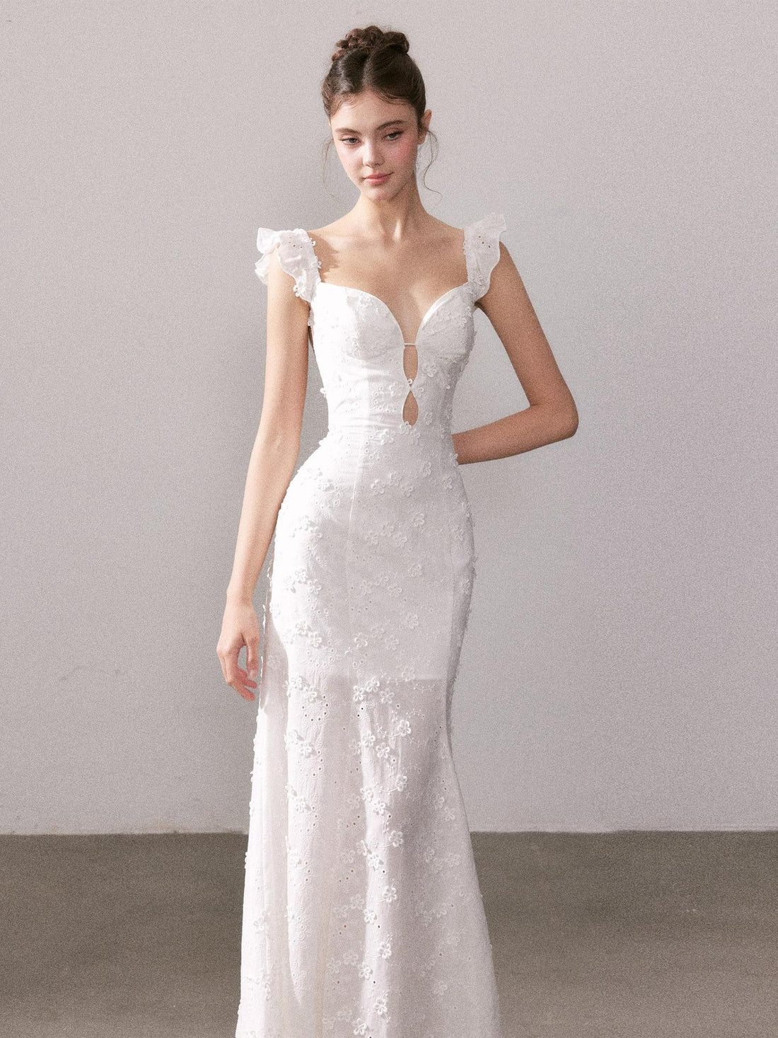YZZI HE Cream Lace Floral V-neck High Waist Mermaid Cotton Women&