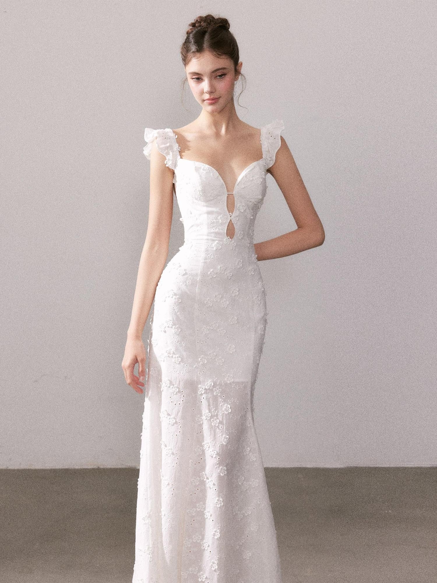 YZZI HE Cream Lace Floral V-neck High Waist Mermaid Cotton Women&