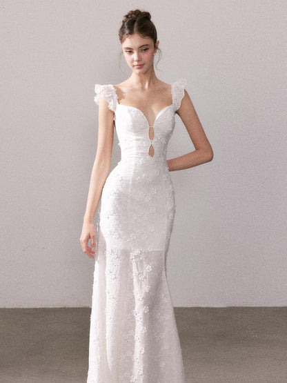 YZZI HE Cream Lace Floral V-neck High Waist Mermaid Cotton Women&