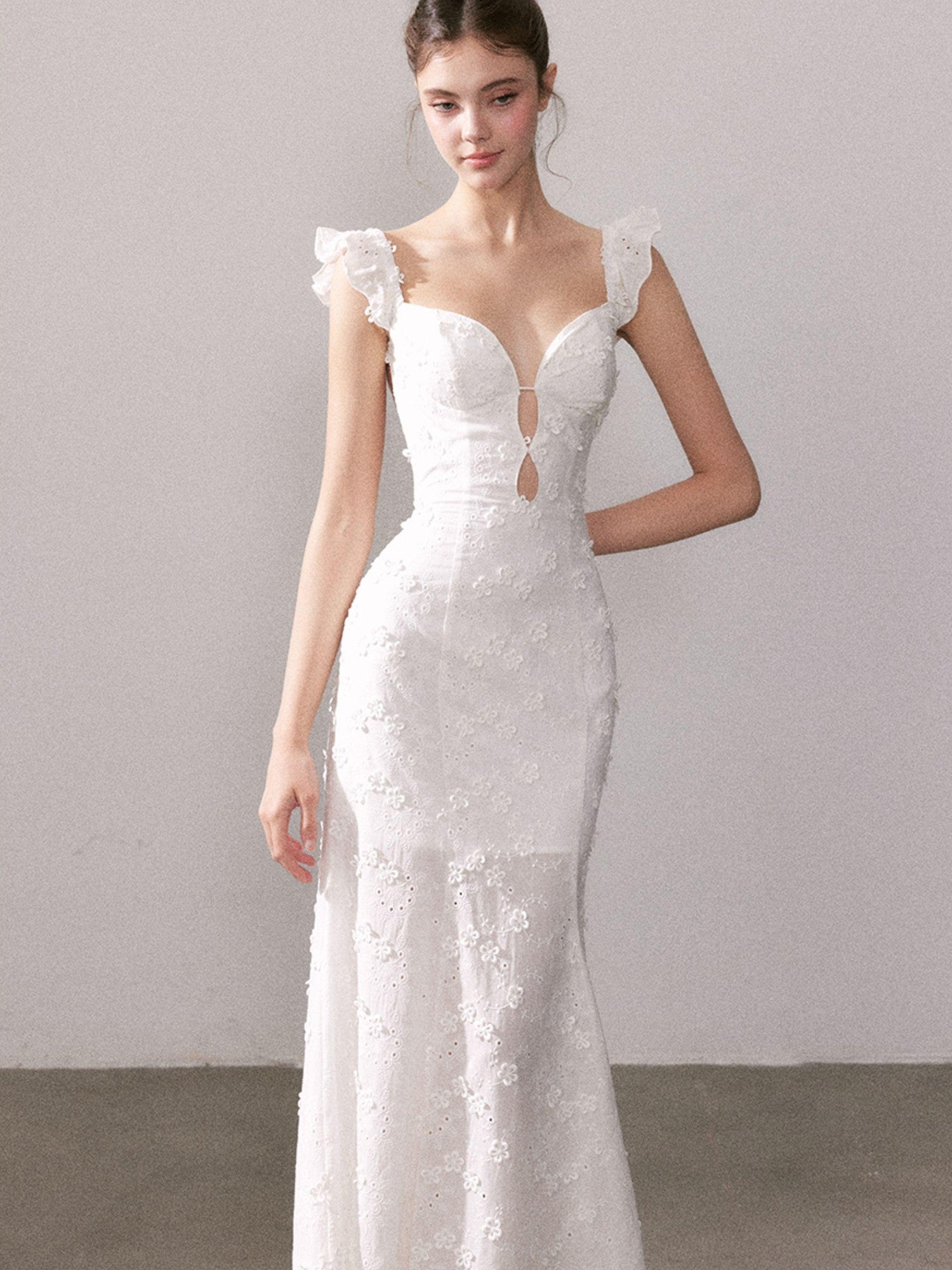 YZZI HE Cream Lace Floral V-neck High Waist Mermaid Cotton Women&