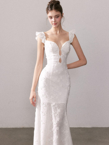 YZZI HE Cream Lace Floral V-neck High Waist Mermaid Cotton Women&