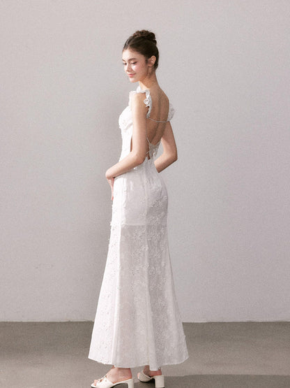 YZZI HE Cream Lace Floral V-neck High Waist Mermaid Cotton Women&