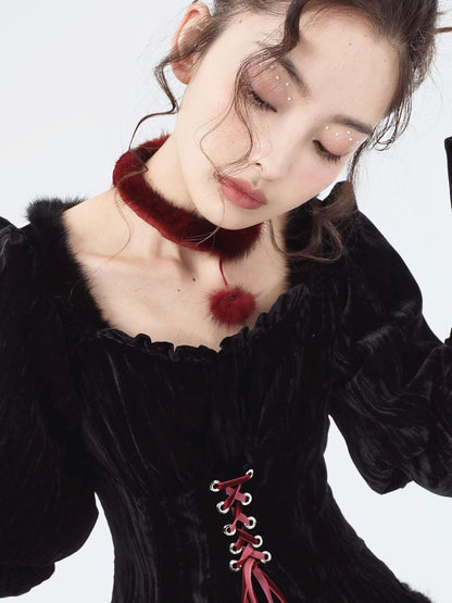 YZZI HE Dark Gothic Wine Red Pom Pom Collar Women&