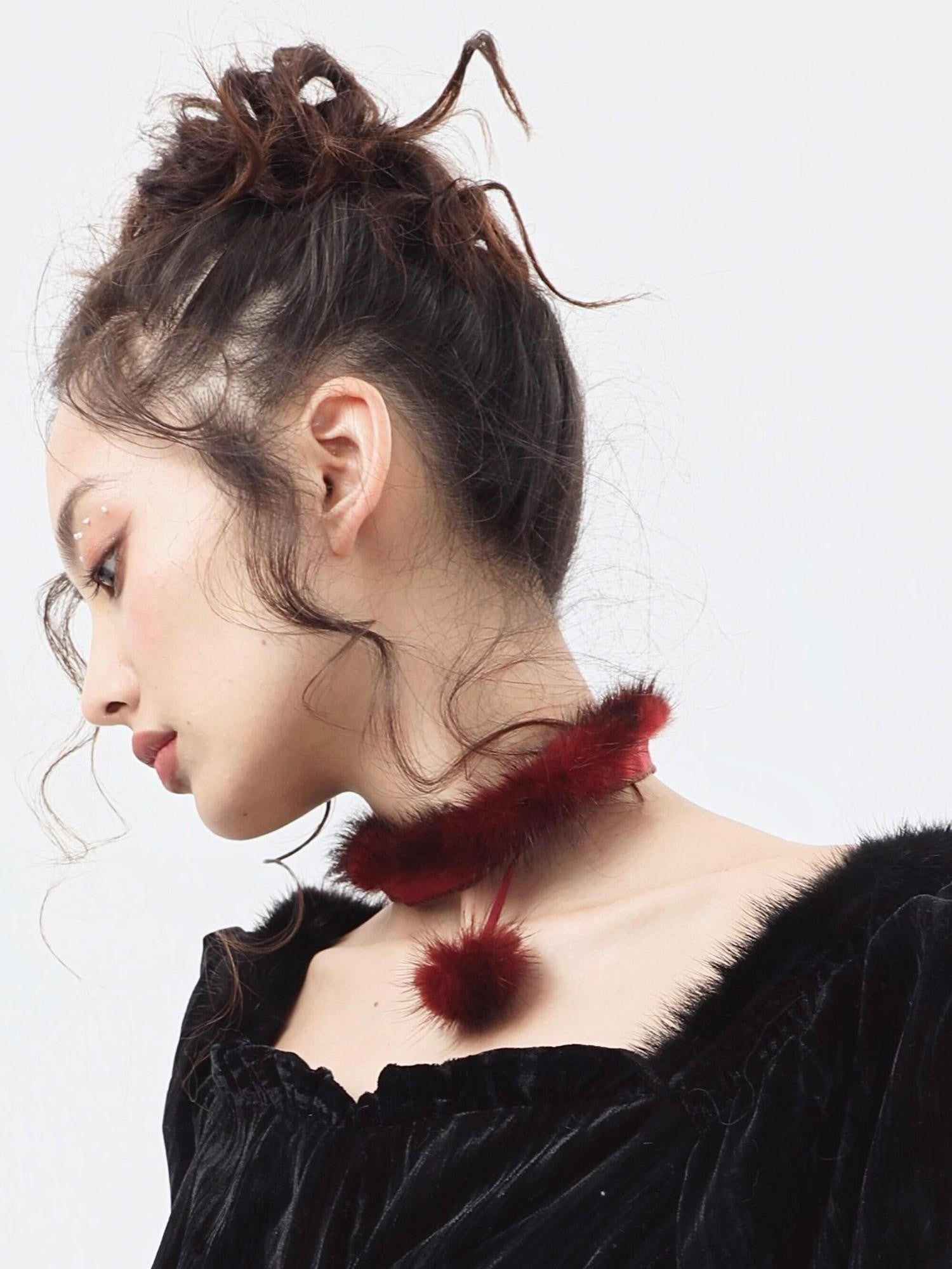 YZZI HE Dark Gothic Wine Red Pom Pom Collar Women&