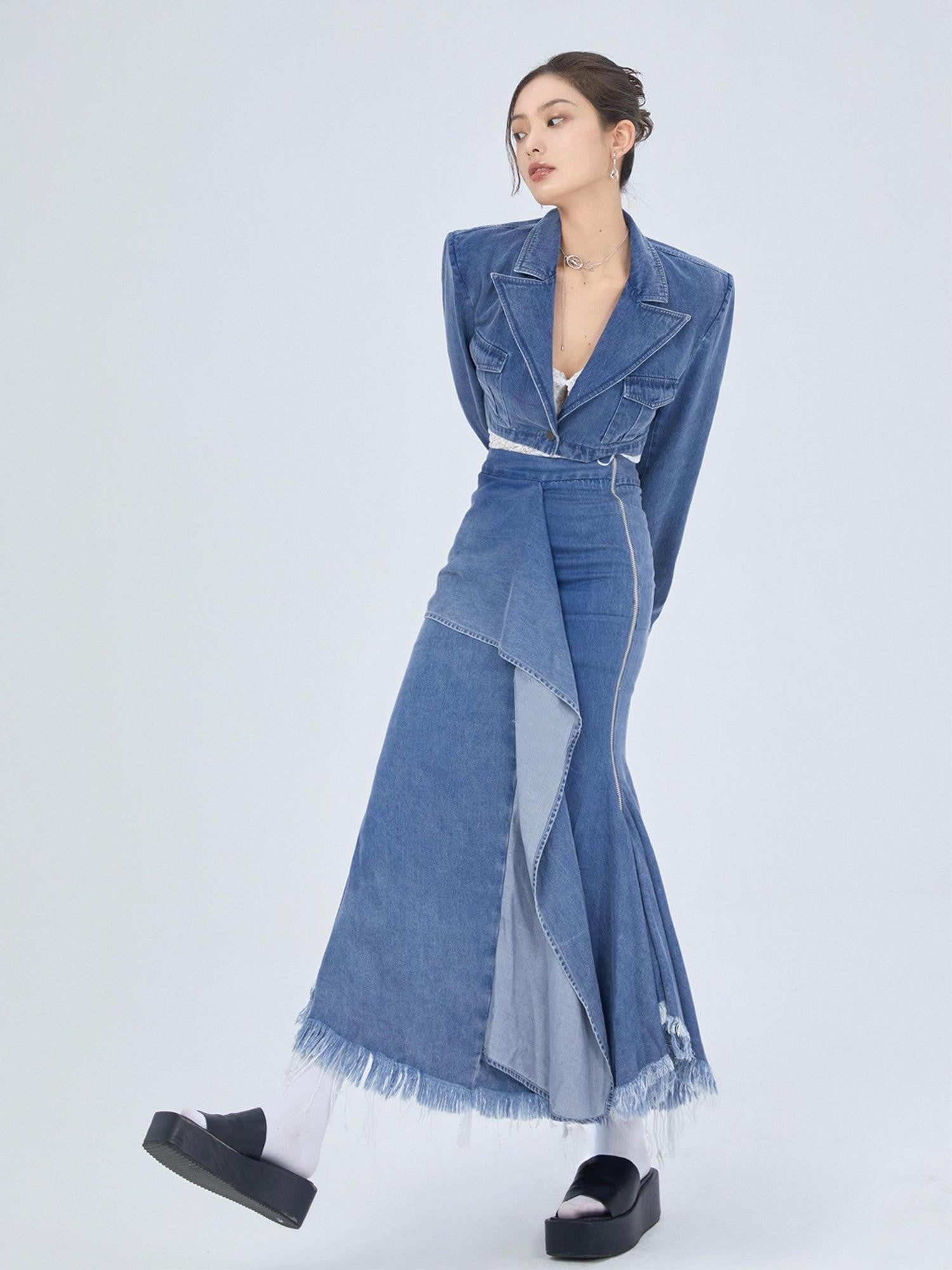 YZZI HE Distressed Denim Cropped Blazer Fishtail Raw Hem Women&