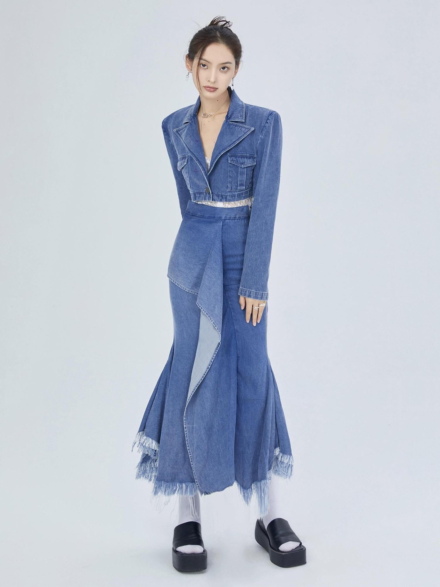 YZZI HE Distressed Denim Cropped Blazer Fishtail Raw Hem Women&