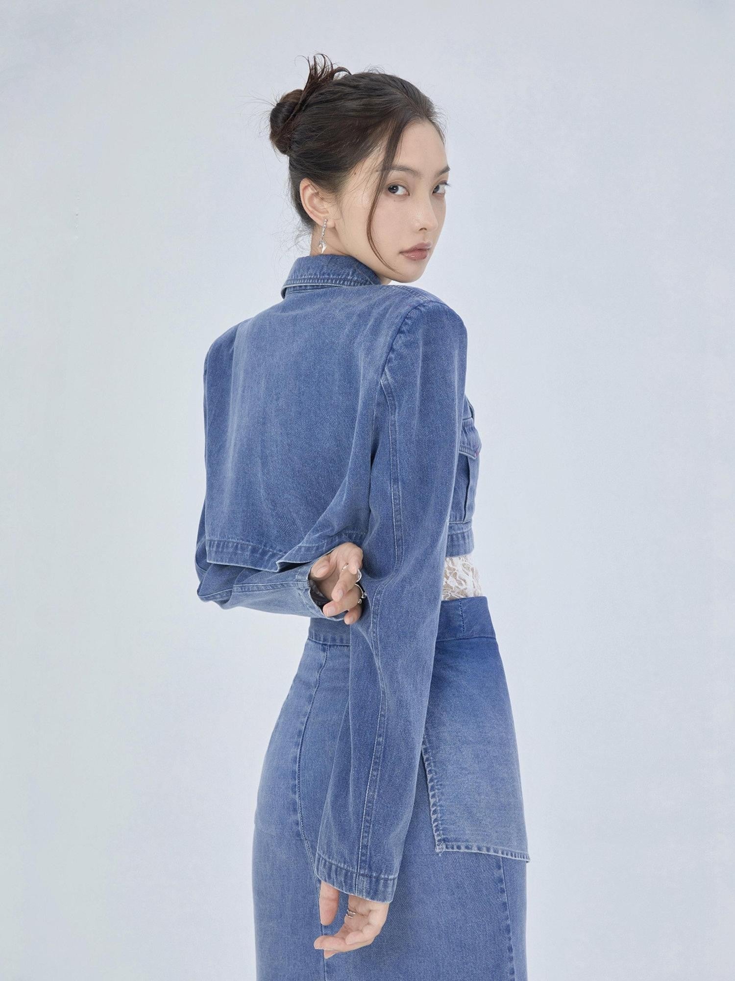 YZZI HE Distressed Denim Cropped Blazer Fishtail Raw Hem Women&