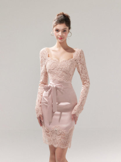 YZZI HE Dusky Pink Satin Lace Square Neck Women&