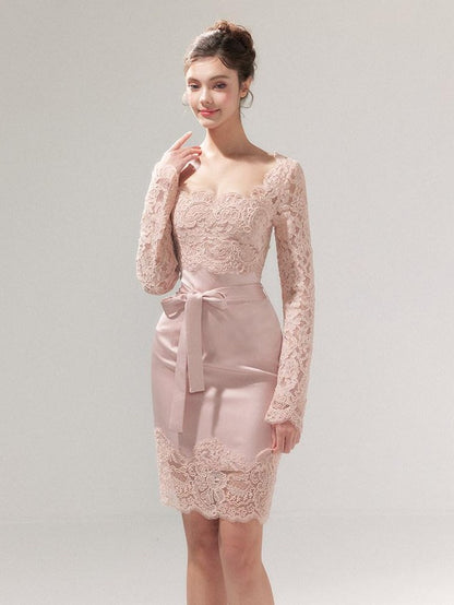 YZZI HE Dusky Pink Satin Lace Square Neck Women&