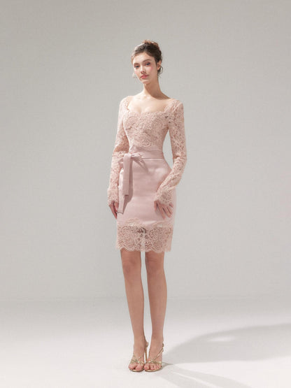 YZZI HE Dusky Pink Satin Lace Square Neck Women&