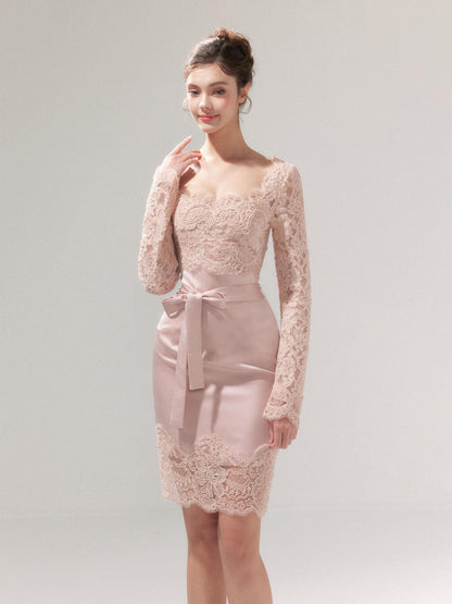 YZZI HE Dusky Pink Satin Lace Square Neck Women&