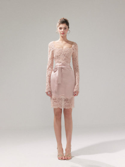 YZZI HE Dusky Pink Satin Lace Square Neck Women&