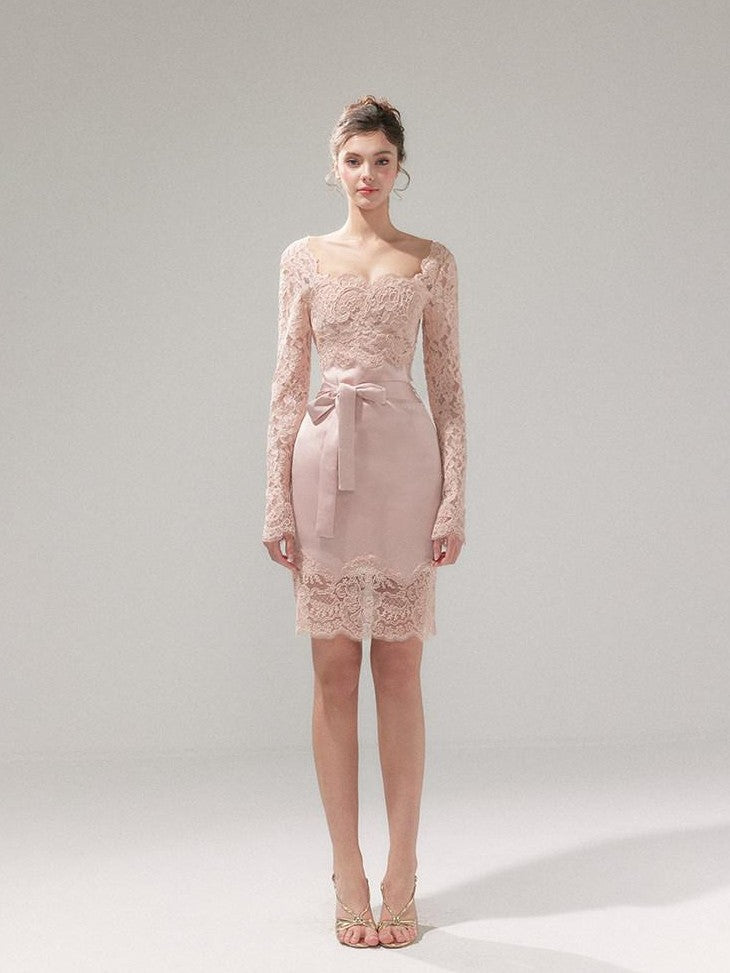 YZZI HE Dusky Pink Satin Lace Square Neck Women&