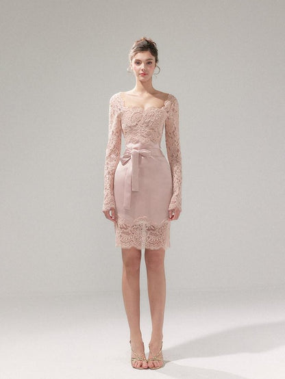 YZZI HE Dusky Pink Satin Lace Square Neck Women&