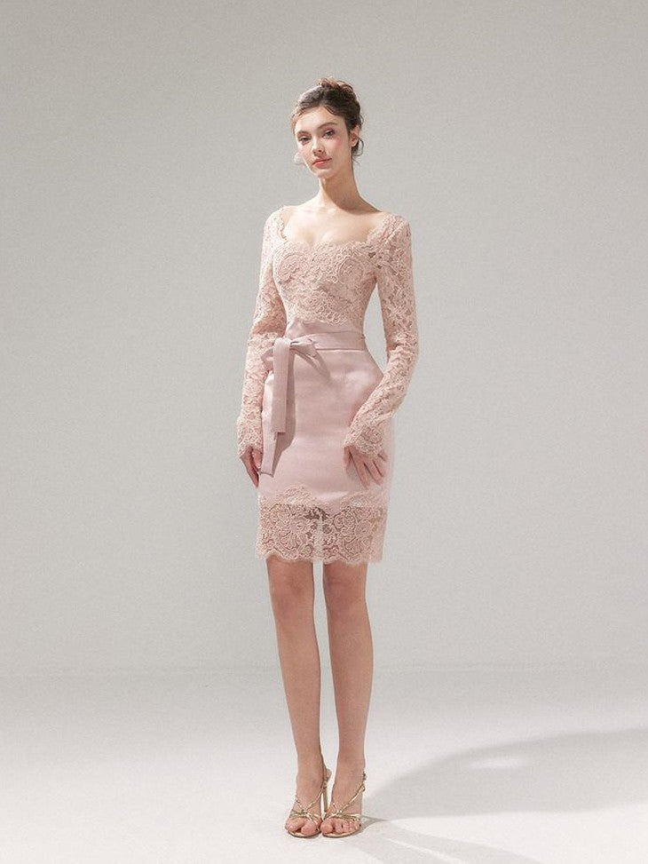 YZZI HE Dusky Pink Satin Lace Square Neck Women&