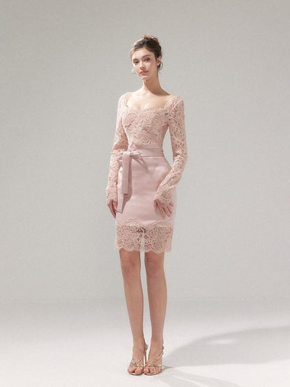 YZZI HE Dusky Pink Satin Lace Square Neck Women&