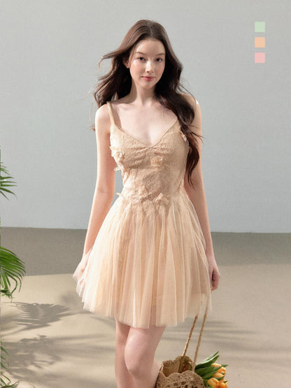 YZZI HE Floral Lace Mesh V-neck A Line Women&