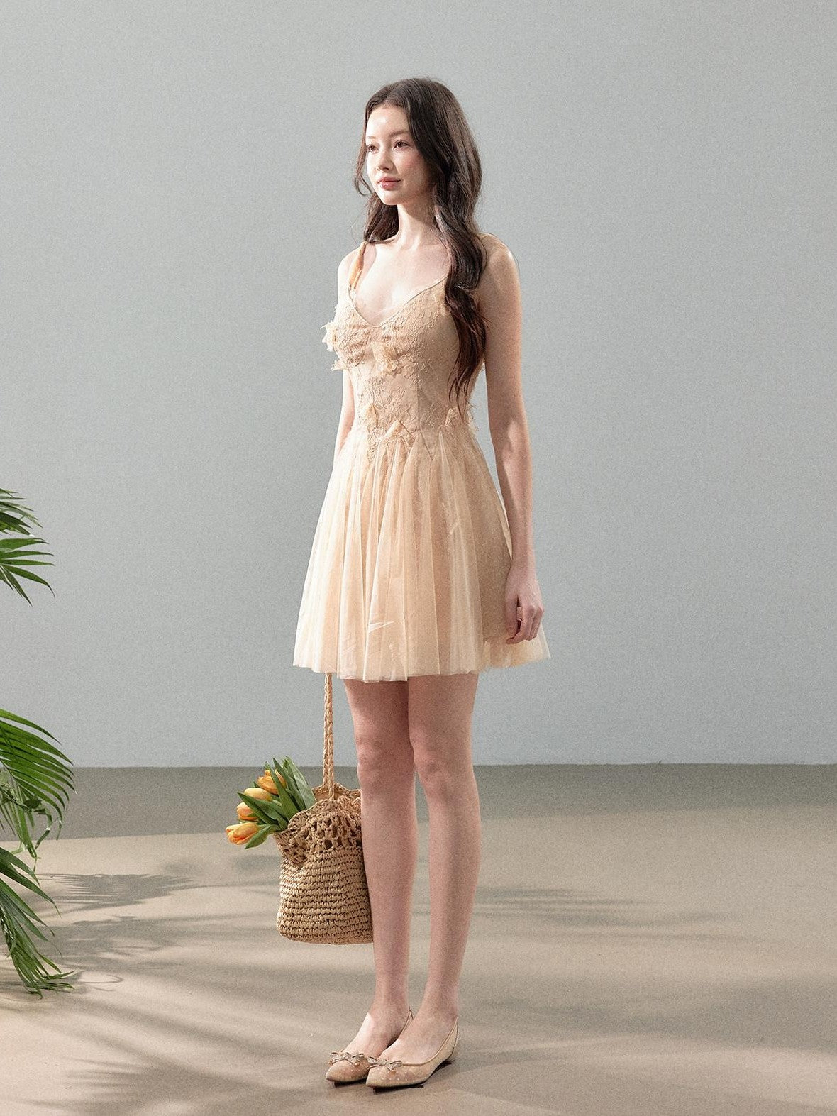YZZI HE Floral Lace Mesh V-neck A Line Women&