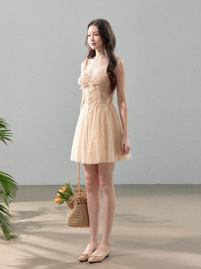 YZZI HE Floral Lace Mesh V-neck A Line Women&
