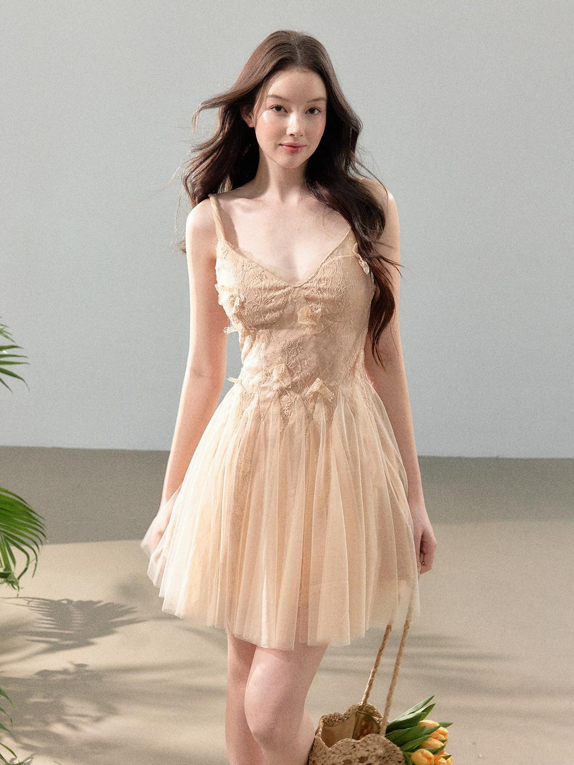 YZZI HE Floral Lace Mesh V-neck A Line Women&