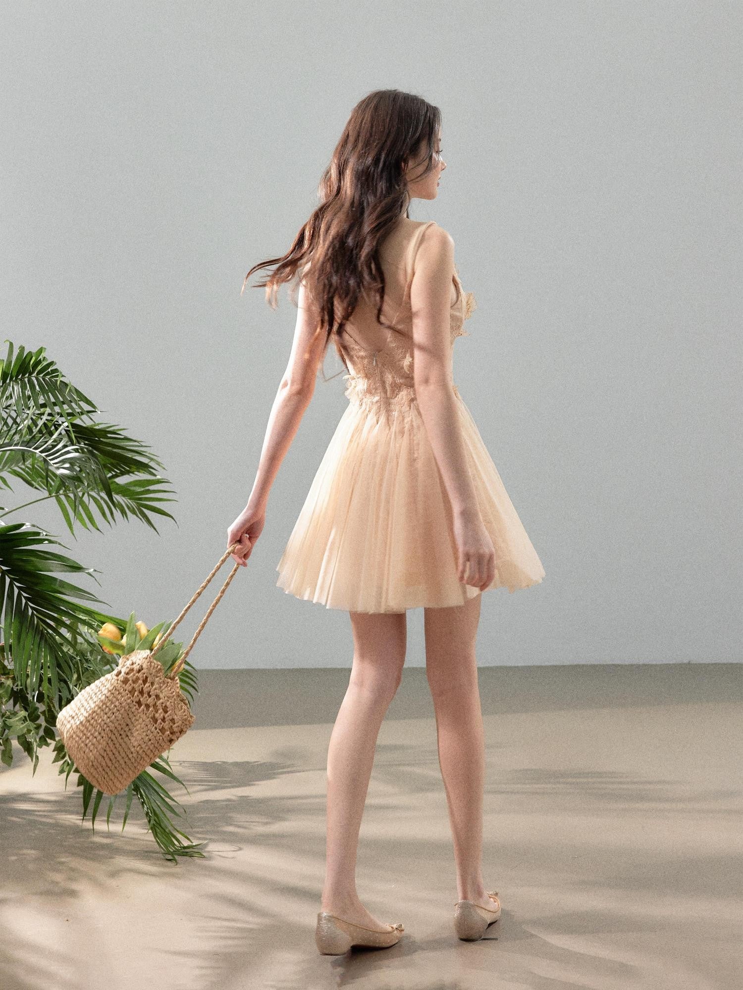 YZZI HE Floral Lace Mesh V-neck A Line Women&