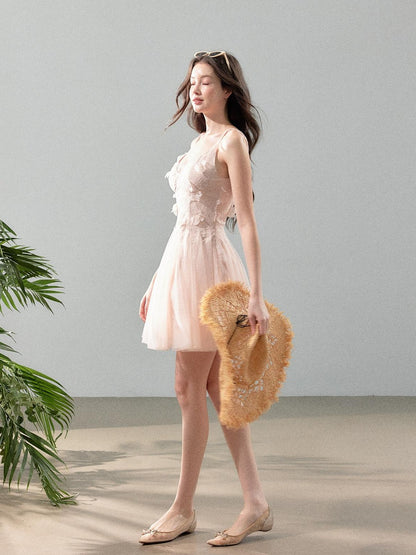 YZZI HE Floral Lace Mesh V-neck A Line Women&