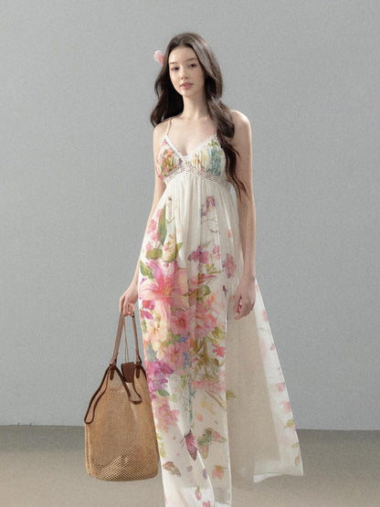 YZZI HE Floral Vine Print Chiffon Spaghetti Strap Women&