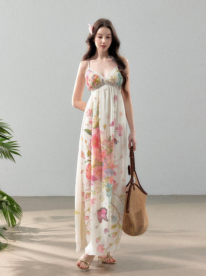 YZZI HE Floral Vine Print Chiffon Spaghetti Strap Women&