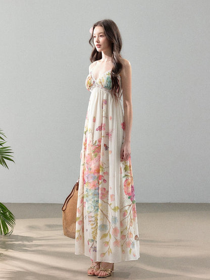 YZZI HE Floral Vine Print Chiffon Spaghetti Strap Women&