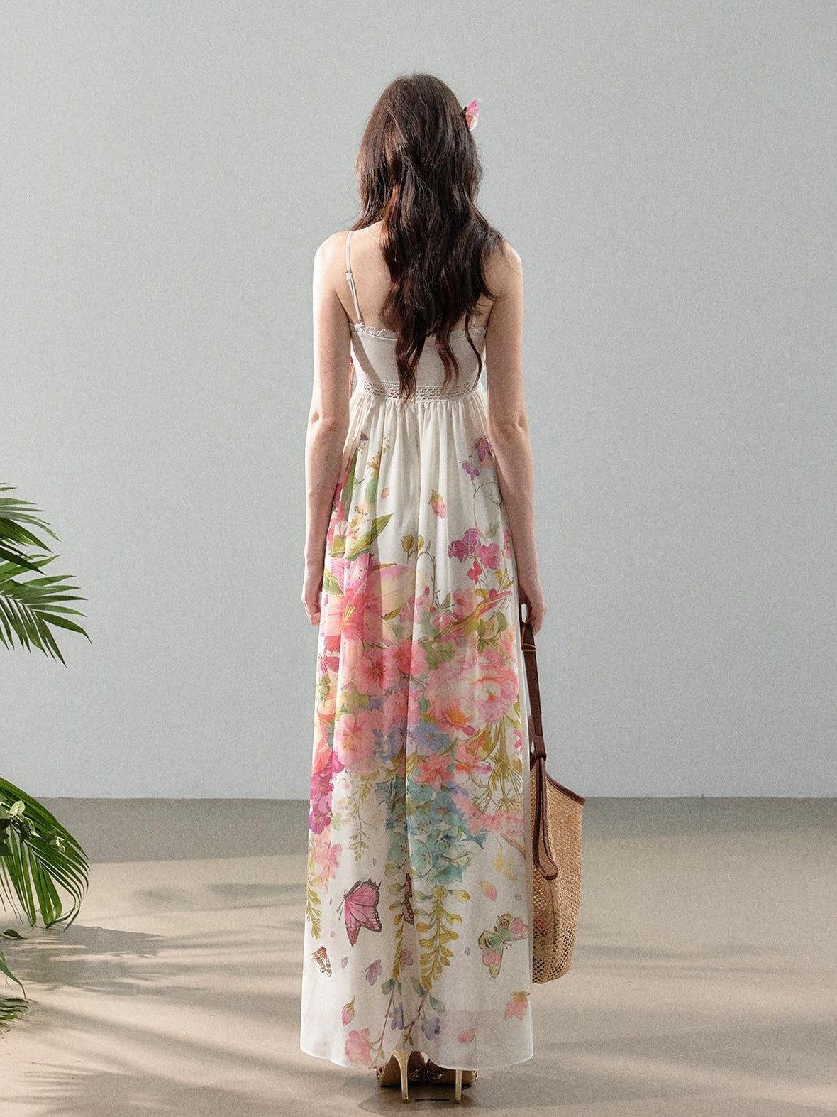 YZZI HE Floral Vine Print Chiffon Spaghetti Strap Women&