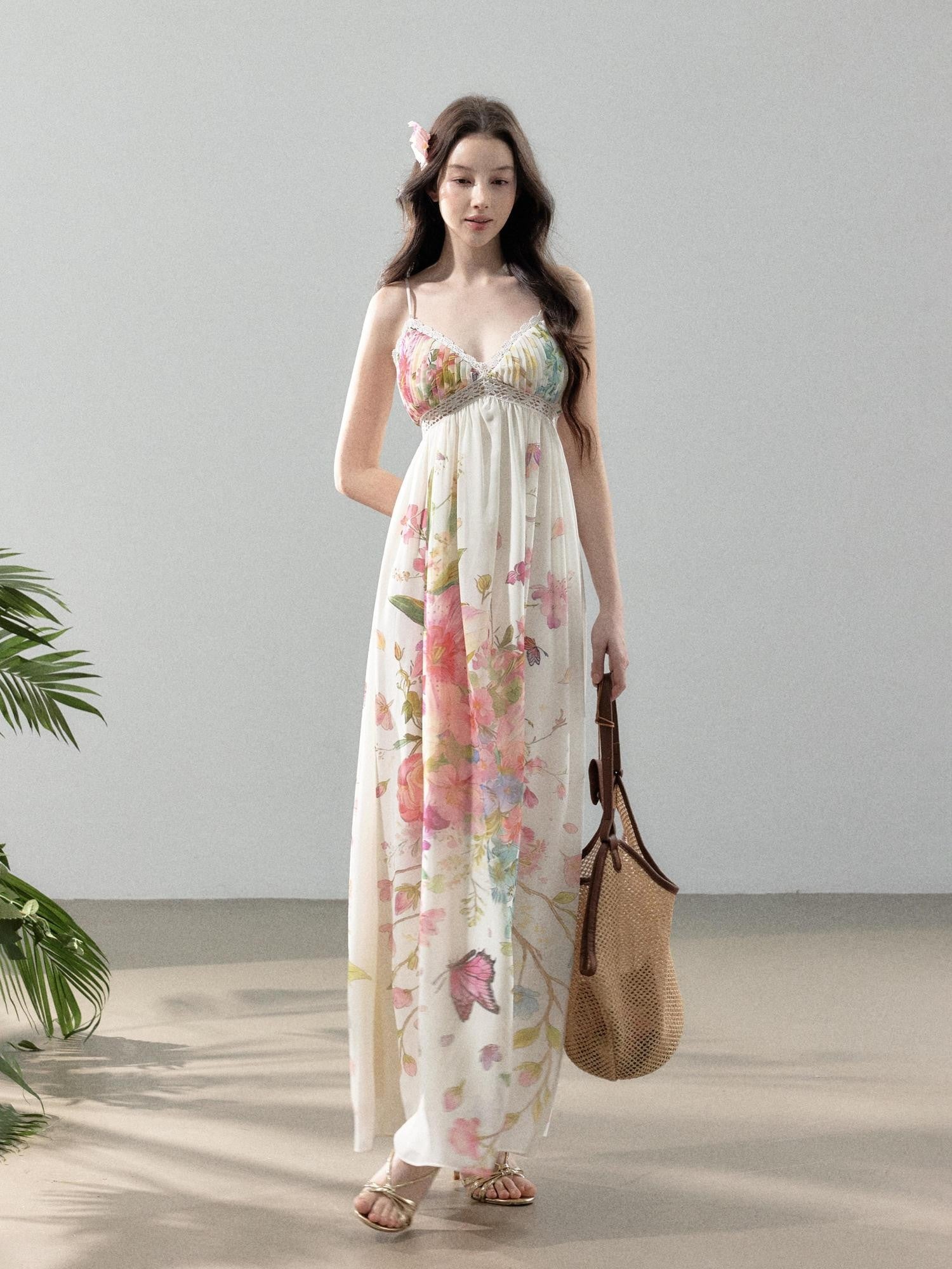 YZZI HE Floral Vine Print Chiffon Spaghetti Strap Women&