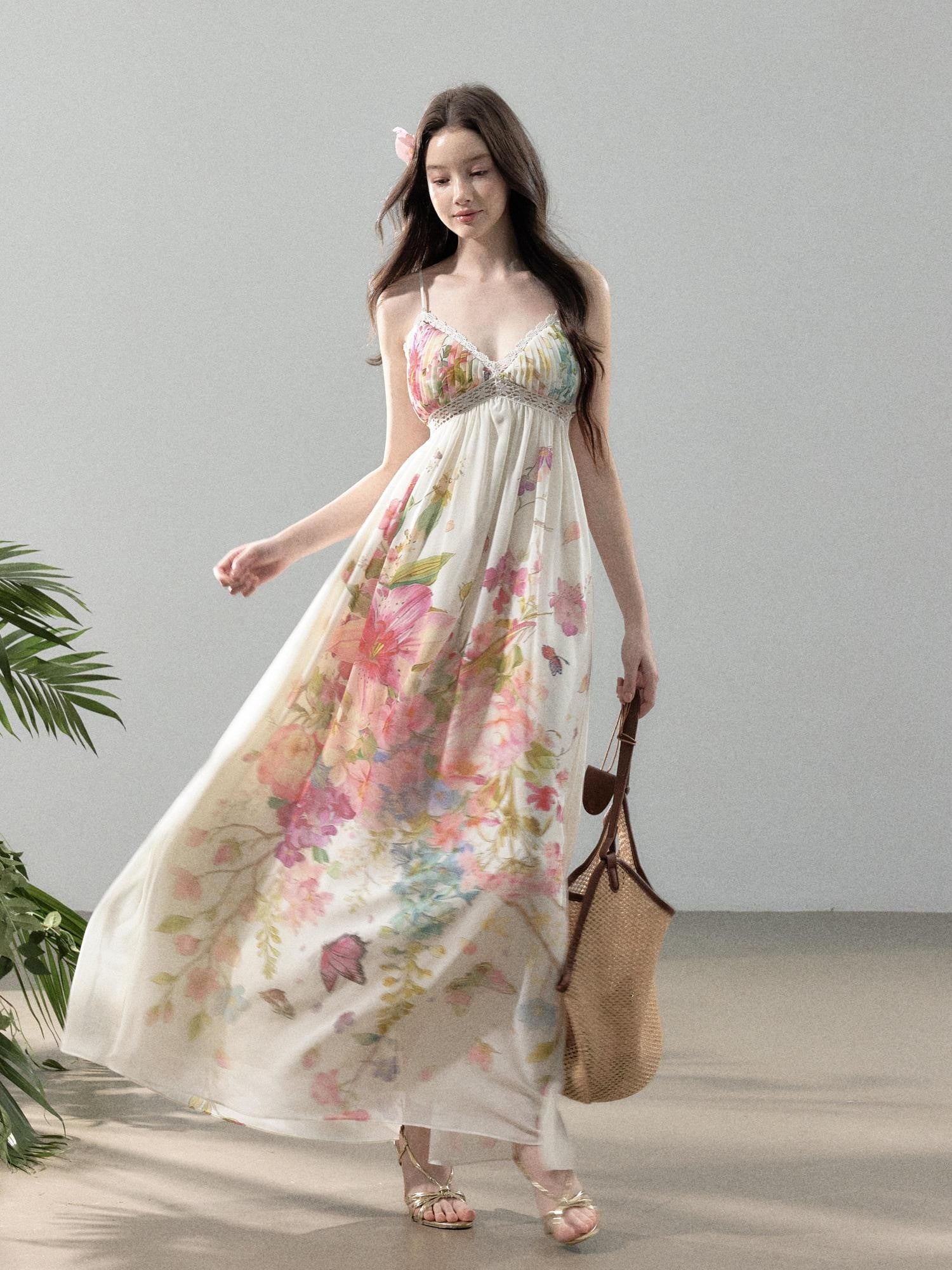 YZZI HE Floral Vine Print Chiffon Spaghetti Strap Women&