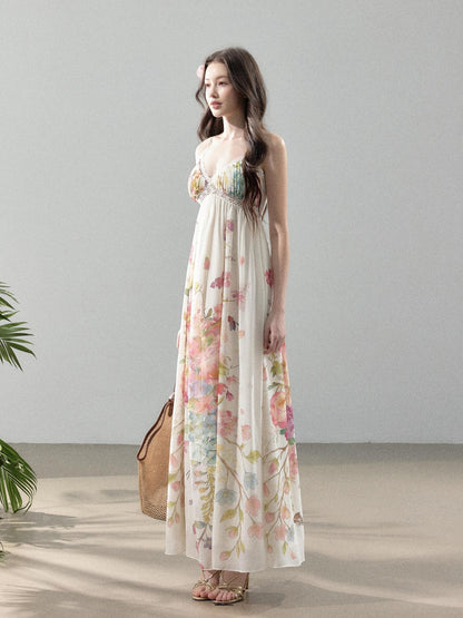 YZZI HE Floral Vine Print Chiffon Spaghetti Strap Women&