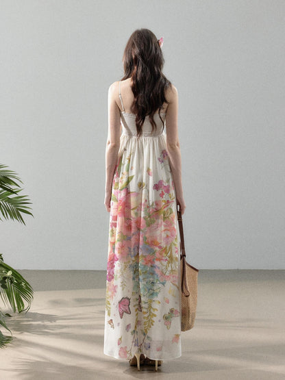 YZZI HE Floral Vine Print Chiffon Spaghetti Strap Women&