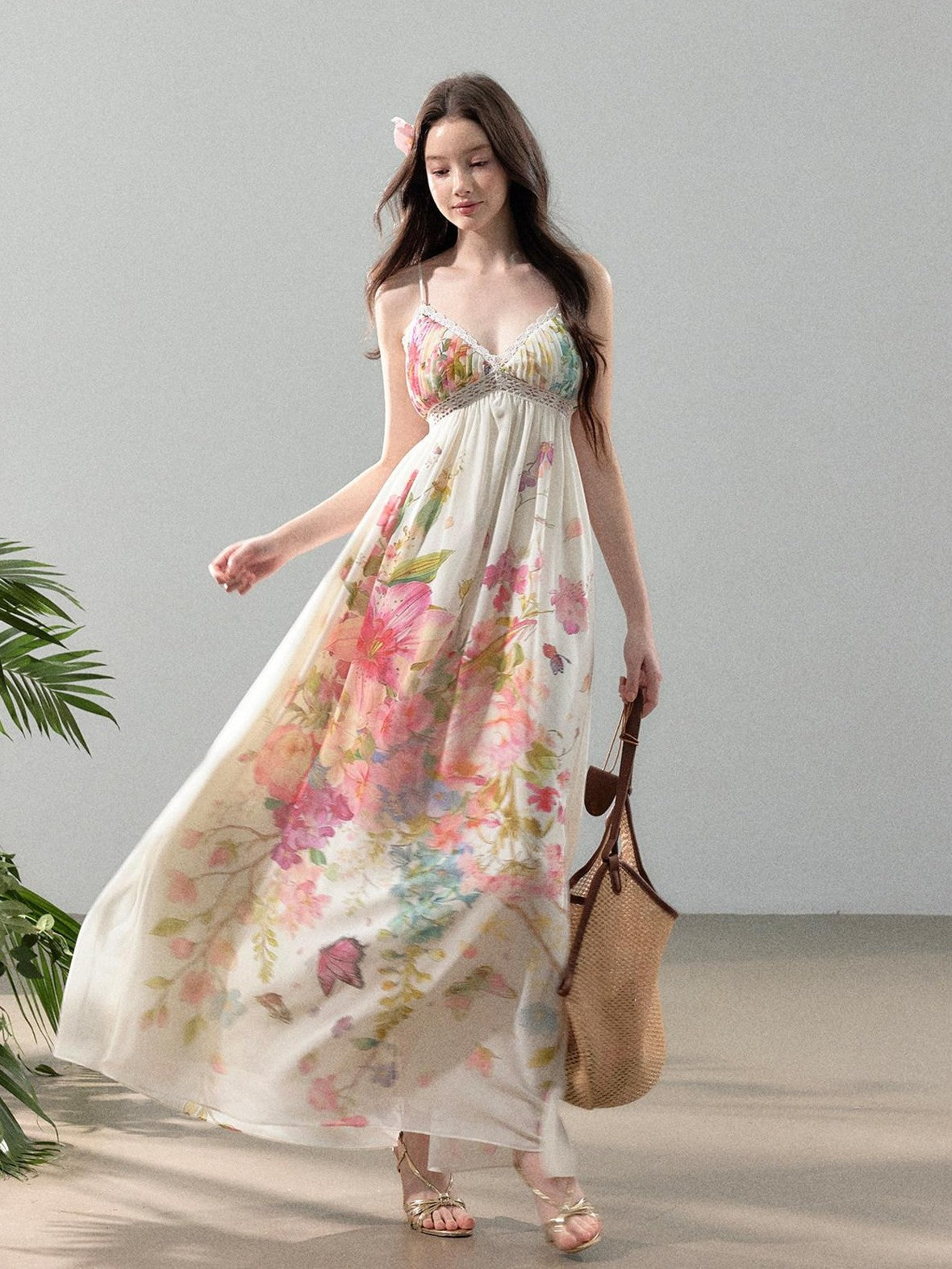 YZZI HE Floral Vine Print Chiffon Spaghetti Strap Women&