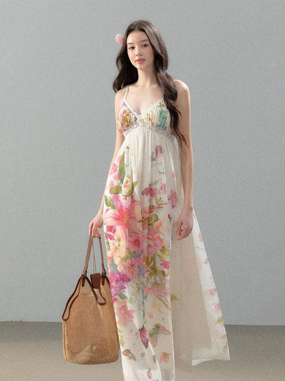 YZZI HE Floral Vine Print Chiffon Spaghetti Strap Women&