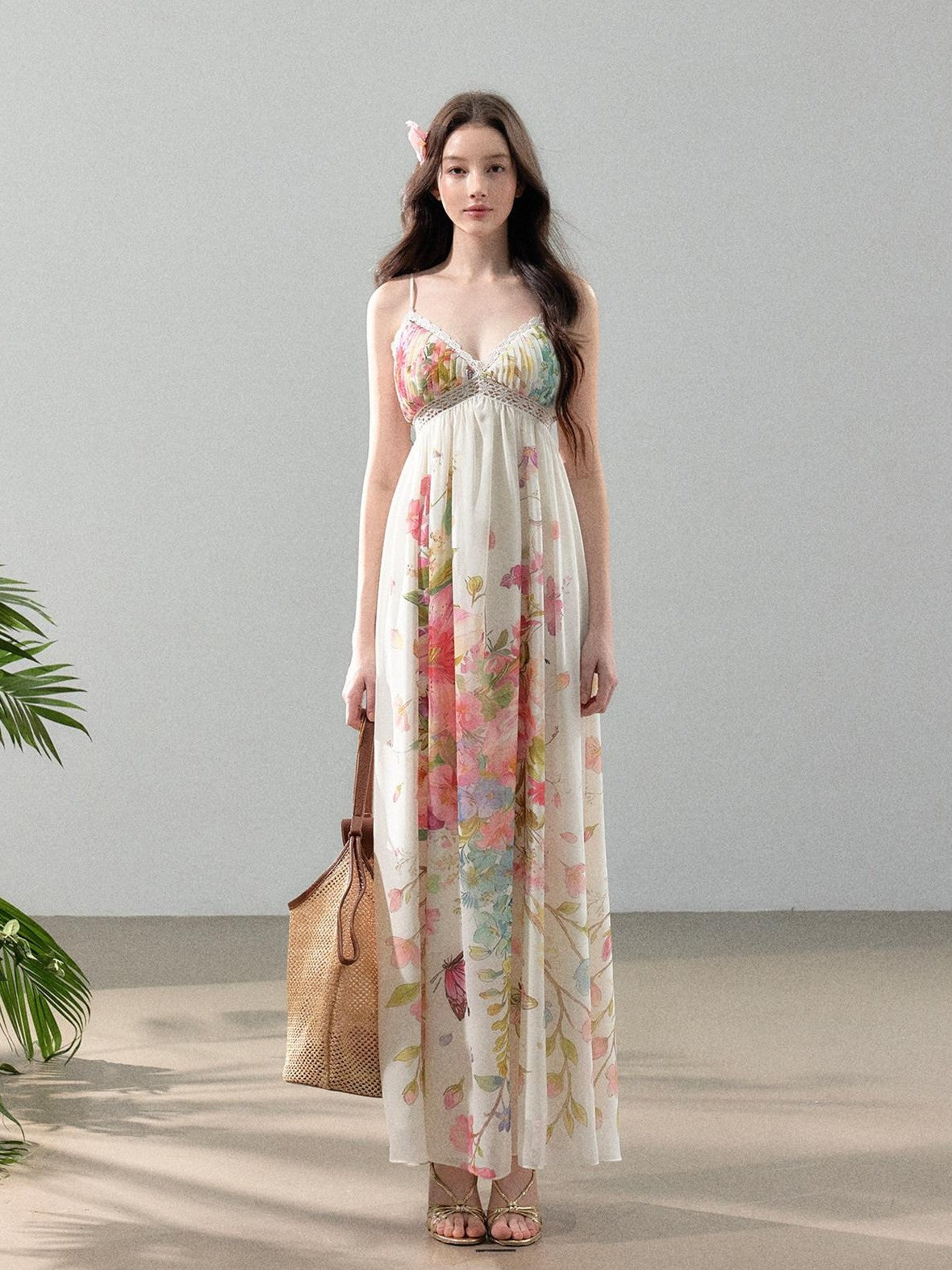 YZZI HE Floral Vine Print Chiffon Spaghetti Strap Women&