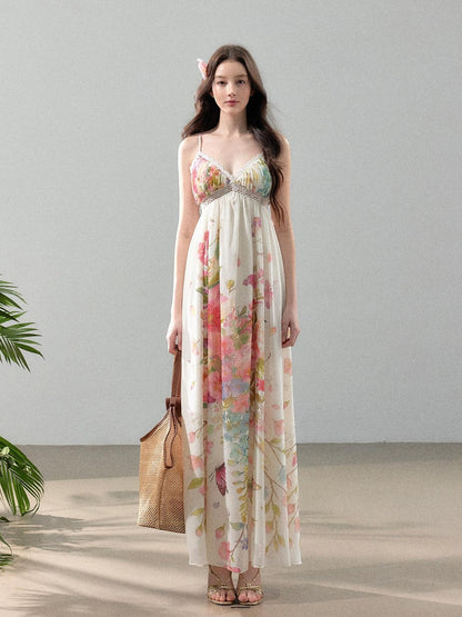 YZZI HE Floral Vine Print Chiffon Spaghetti Strap Women&