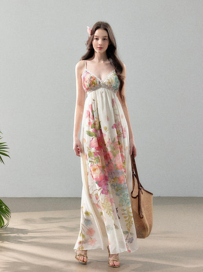 YZZI HE Floral Vine Print Chiffon Spaghetti Strap Women&