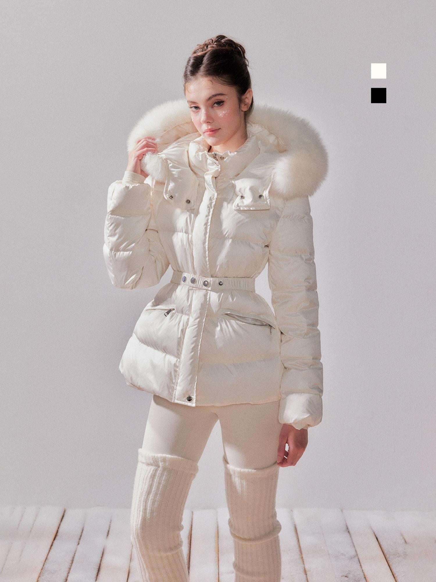 YZZI HE Fox Fur Collar Hooded High Waist Slim Women&