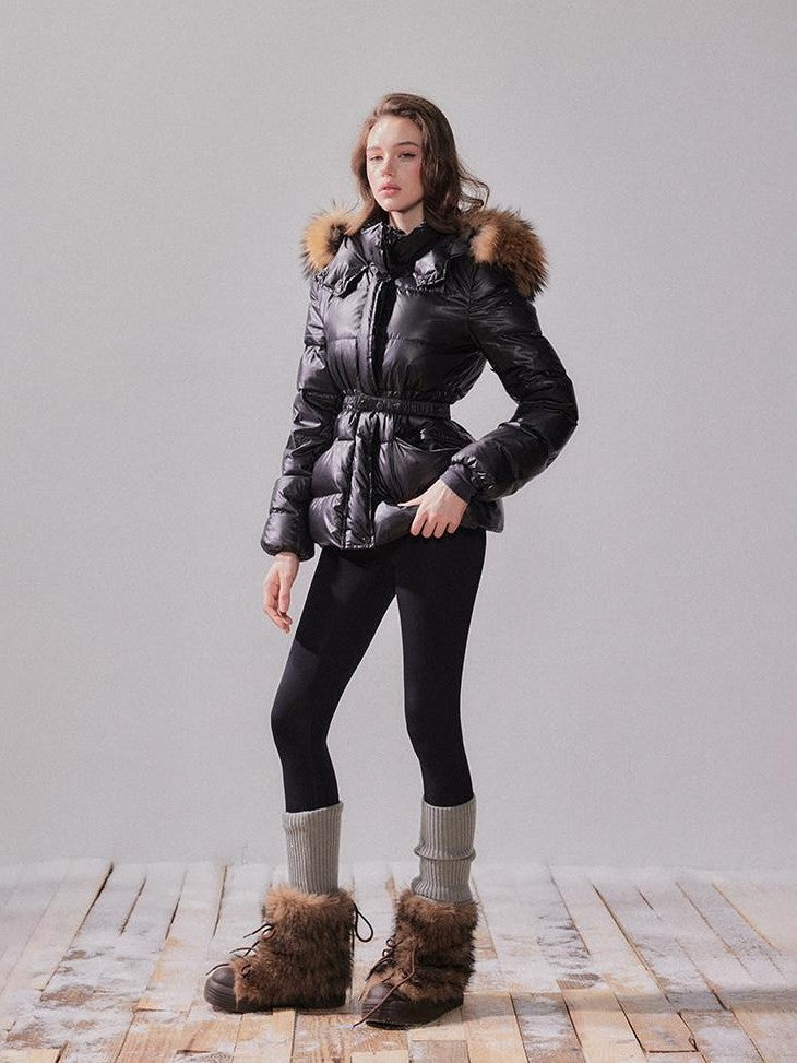 YZZI HE Fox Fur Collar Hooded High Waist Slim Women&