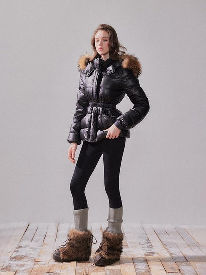 YZZI HE Fox Fur Collar Hooded High Waist Slim Women&