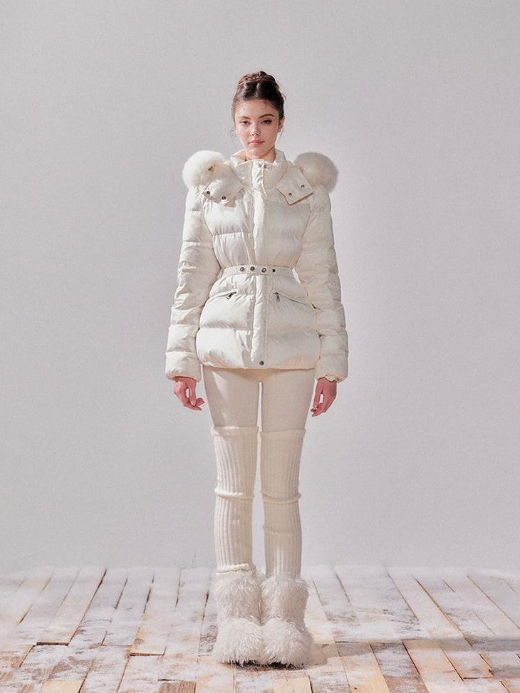 YZZI HE Fox Fur Collar Hooded High Waist Slim Women&