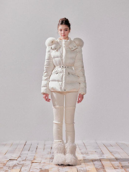 YZZI HE Fox Fur Collar Hooded High Waist Slim Women&