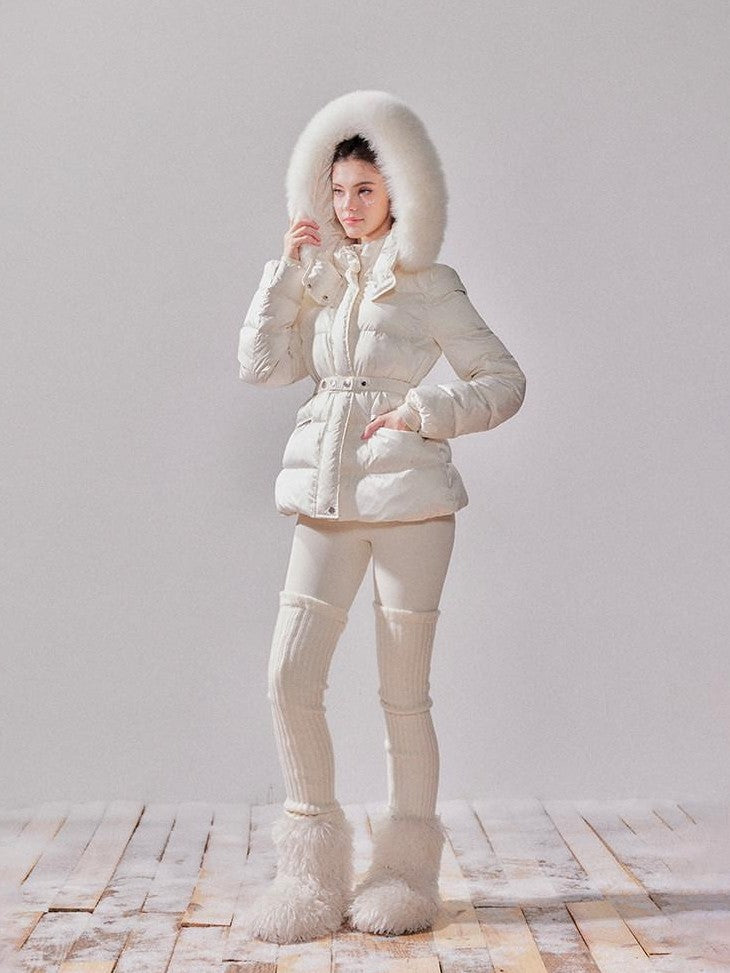 YZZI HE Fox Fur Collar Hooded High Waist Slim Women&